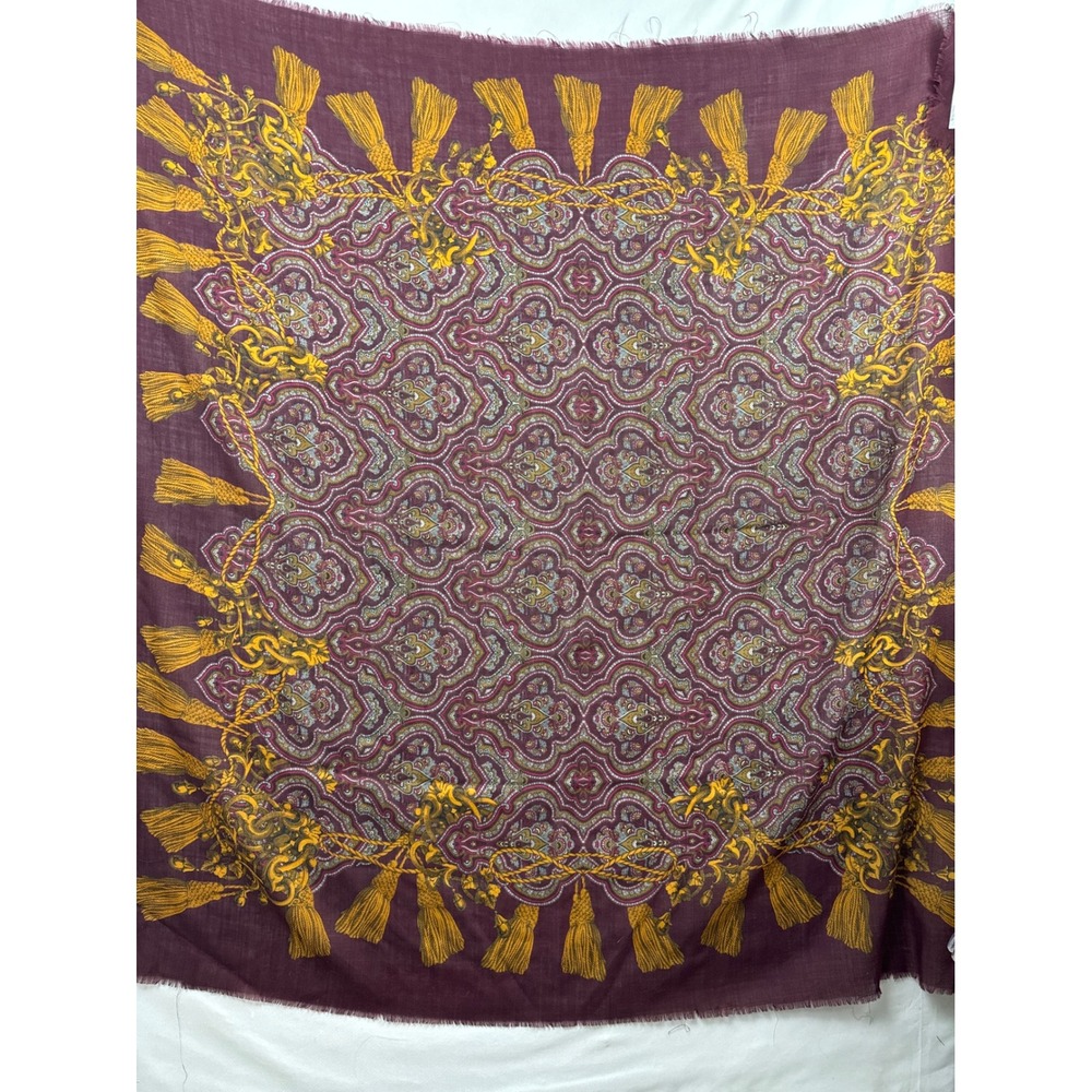 Talbots Scarf Women OS Burgundy Gold 100% Wool Italy Paisley Tassel Print Square